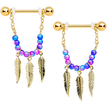 Load image into Gallery viewer, 14G 1/2 Gold Tone Blue Purple Bead Feather Dangle Nipple Ring Set