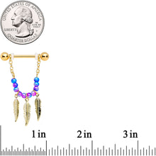 Load image into Gallery viewer, 14G 1/2 Gold Tone Blue Purple Bead Feather Dangle Nipple Ring Set