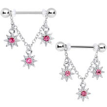 Load image into Gallery viewer, 14G 1/2 Pink Gem Trio Stars Chain Dangle Nipple Ring Set