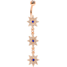 Load image into Gallery viewer, Clear Blue Gem Rose Gold Tone Triple Star Dangle Belly Ring