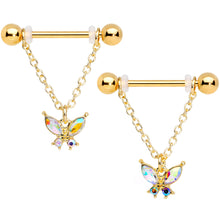 Load image into Gallery viewer, 14G 11/16 Aurora Gem Gold Tone Butterfly Dangle Nipple Ring Set