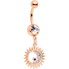 Load image into Gallery viewer, Clear Blue Gem Rose Gold Tone Moon Sun Star Dangle Belly Ring