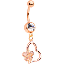 Load image into Gallery viewer, Clear CZ Gem Rose Gold Tone Heart Butterfly Dangle Belly Ring
