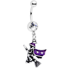 Load image into Gallery viewer, Clear Gem Purple Witch Broom Halloween Dangle Belly Ring