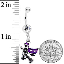 Load image into Gallery viewer, Clear Gem Purple Witch Broom Halloween Dangle Belly Ring