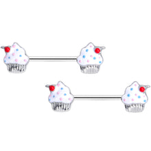 Load image into Gallery viewer, 14G 9/16 Red White Sprinkle Cherry Cupcake Barbell Nipple Ring Set