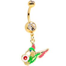 Load image into Gallery viewer, Clear Blue Gem Gold Tone Flower Hummingbird Dangle Belly Ring