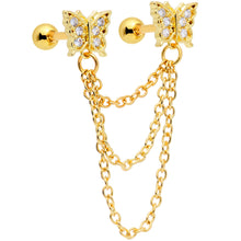Load image into Gallery viewer, 16G 1/4 Clear CZ Gem Gold Tone Butterfly Dangle Chain Earring