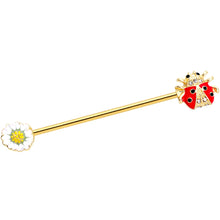 Load image into Gallery viewer, 14G Clear Gem Gold Tone Ladybug Flower Industrial Barbell 38mm