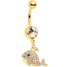 Load image into Gallery viewer, Clear Aqua Gem Gold Tone Whale Dangle Belly Ring