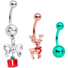 Load image into Gallery viewer, Clear Red Gem Festive Green Gold Tone Christmas Dangle Belly Ring Set of 3