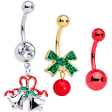 Load image into Gallery viewer, Clear Gem Gold Tone Green Bow Christmas Dangle Belly Ring Set of 3
