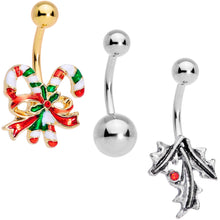 Load image into Gallery viewer, Red Gem Gold Tone Holly Berry Candy Cane Christmas Dangle Belly Ring Set of 3