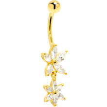 Load image into Gallery viewer, 16G Solid 14K Yellow Gold Cubic Zirconia DUAL LILY Dangle Belly Ring