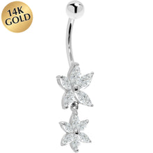 Load image into Gallery viewer, 16G Solid 14K White Gold Cubic Zirconia DUAL LILY Dangle Belly Ring