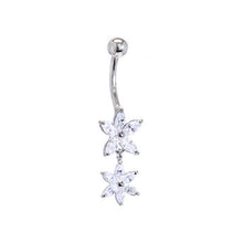 Load image into Gallery viewer, 16G Solid 14K White Gold Cubic Zirconia DUAL LILY Dangle Belly Ring