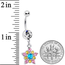Load image into Gallery viewer, Clear Pink Yellow Aqua Gem Star Dangle Belly Ring