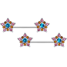 Load image into Gallery viewer, 14G 9/16 Pink Yellow Blue Gem Showy Stars Barbell Nipple Ring Set