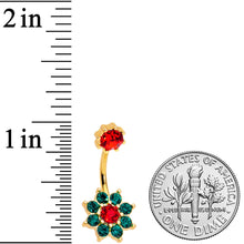 Load image into Gallery viewer, Red Green Gem Gold Tone Christmas Flower Belly Ring