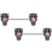 Load image into Gallery viewer, 14G 9/16 Black Gem Pink Orb Owl Barbell Nipple Ring Set