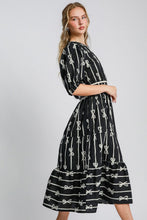Load image into Gallery viewer, Bow Tie Print Notched Contrast Velvet Trim Midi Dress–Elegant Bow Tie Print, Modern Notched Neckline, Luxurious Velvet Trim, Sophisticated Midi Dress for Special Events