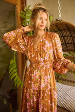 Load image into Gallery viewer, Flower Print Satin Lurex Stripe Smocked Midi Summer Dress β Elegant Midi Dress, Satin Lurex Dress, Floral Dress, Smocked Waist Dress, Romantic Midi Dress, Special Occasion Dress