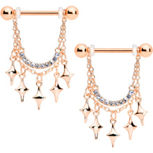 Load image into Gallery viewer, 14G 9/16 Clear Gem Rose Gold Tone Drama Dangle Nipple Ring Set