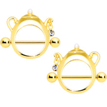 Load image into Gallery viewer, 14G 5/8 Clear Gem Gold Tone Teapot Nipple Shield Set