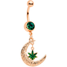 Load image into Gallery viewer, Green Gem Rose Gold Tone Marijuana Pot Leaf Moon Dangle Belly Ring