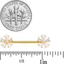 Load image into Gallery viewer, 14G 9/16 White Faux Opal Gold Tone Flower Barbell Nipple Ring Set