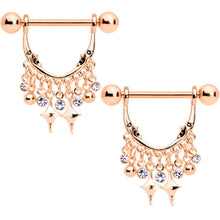Load image into Gallery viewer, 14G 5/8 Clear Gem Rose Gold Tone Moons Dangle Nipple Ring Set