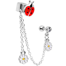 Load image into Gallery viewer, 16G 1/4 Clear Gem Ladybug Flower Right Cuff Chain Cartilage Ring