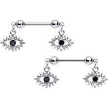 Load image into Gallery viewer, 14G 9/16 Clear Black Gem Open Eye Dangle Nipple Ring Set