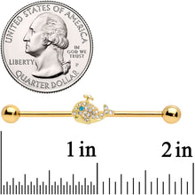 Load image into Gallery viewer, 14G Clear Aqua Gem Gold Tone Whale Industrial Barbell 38mm