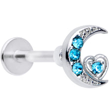 Load image into Gallery viewer, 16G 5/16 Aqua CZ Gem Crescent Moon Heart Labret Monroe Tragus