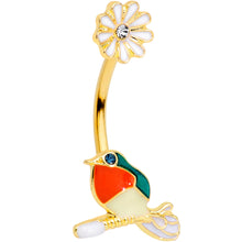 Load image into Gallery viewer, Clear Green Gem Gold Tone Perched Bird Flower Double Mount Belly Ring