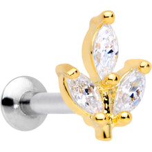 Load image into Gallery viewer, 16G 1/4 CZ Gem Gold PVD Leaf Threadless Push In Labret Tragus