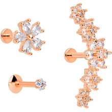 Load image into Gallery viewer, 16G 1/4 Clear CZ Gem Rose Gold Tone Floral Labret Tragus Set of 3