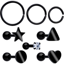 Load image into Gallery viewer, 18G Clear CZ Gem Black Heart Cartilage Tragus Set of 8