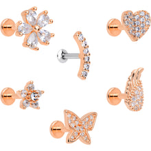 Load image into Gallery viewer, 16G 1/4 CZ Rose Gold Tone Internal Thread Labret Tragus Set of 6