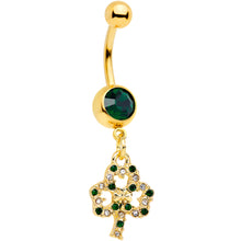 Load image into Gallery viewer, Green Gem Gold Tone Double Shamrock St Patricks Day Dangle Belly Ring