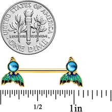 Load image into Gallery viewer, 14G 9/16 Gold Tone Blue Green Mermaid Tail Barbell Nipple Ring Set