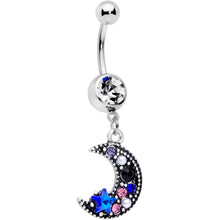 Load image into Gallery viewer, Clear Blue Black Gem Ornate Crescent Moon Dangle Belly Ring
