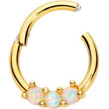 Load image into Gallery viewer, 16G 5/16 White Synthetic Opal Gold Tone Trio Hinged Segment Ring