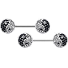 Load image into Gallery viewer, 14G 9/16 Clear Black Gem Yin Yang Barbell Nipple Ring Set