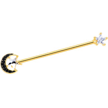 Load image into Gallery viewer, 14G Clear CZ Gem Gold Hue Star Black Moon Industrial Barbell 38mm