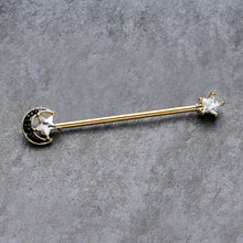 Load image into Gallery viewer, 14G Clear CZ Gem Gold Hue Star Black Moon Industrial Barbell 38mm
