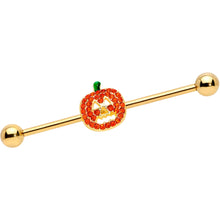 Load image into Gallery viewer, 14G Orange Gem Gold Tone Jack O Lantern Industrial Barbell 38mm