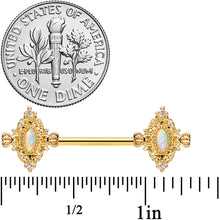 Load image into Gallery viewer, 14G 9/16 White Synthetic Opal Gold Tone Barbell Nipple Ring Set