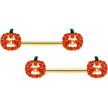 Load image into Gallery viewer, 14G 5/8 Orange Gem Pumpkin Halloween Barbell Nipple Ring Set